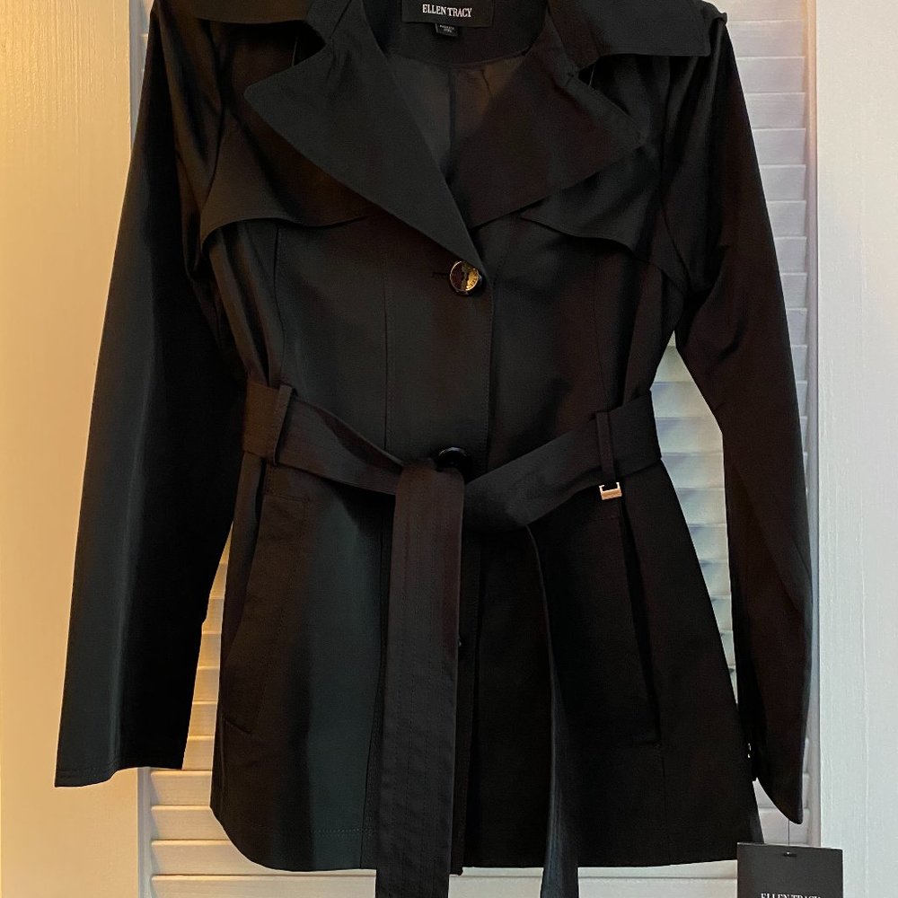 Ellen Tracy Hip Length Hooded Trench Rain Coat NWT